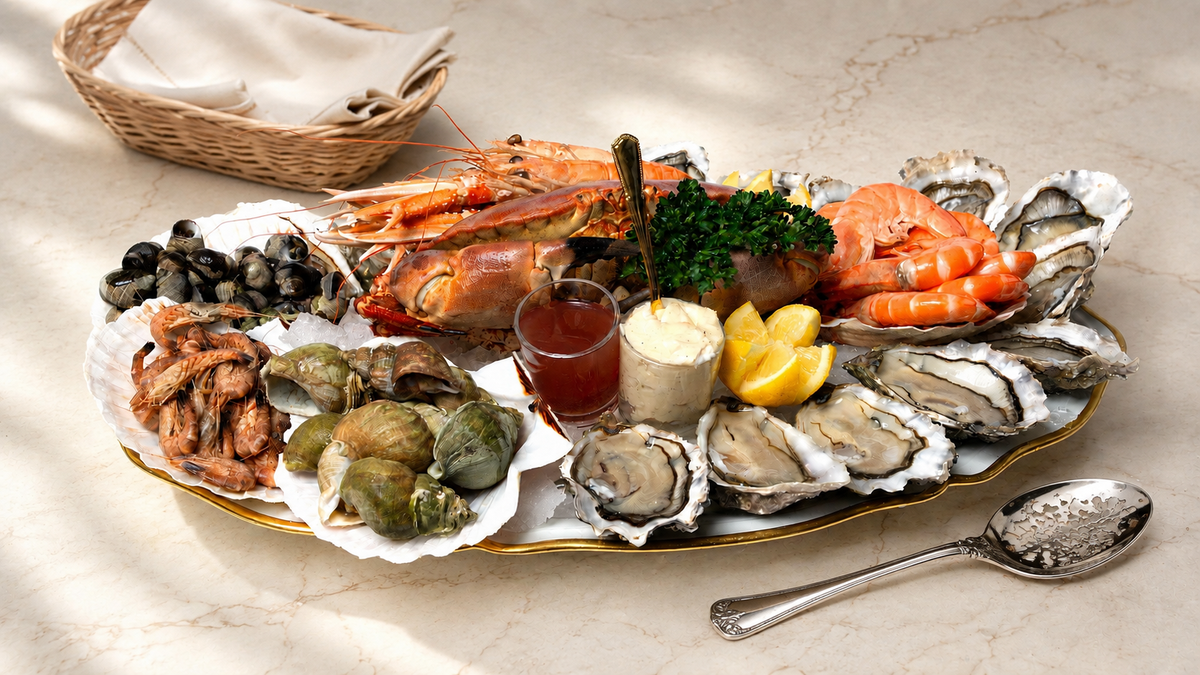 Plateau de fruits de mer Loup de Mer sur table en pierre avec corbeille