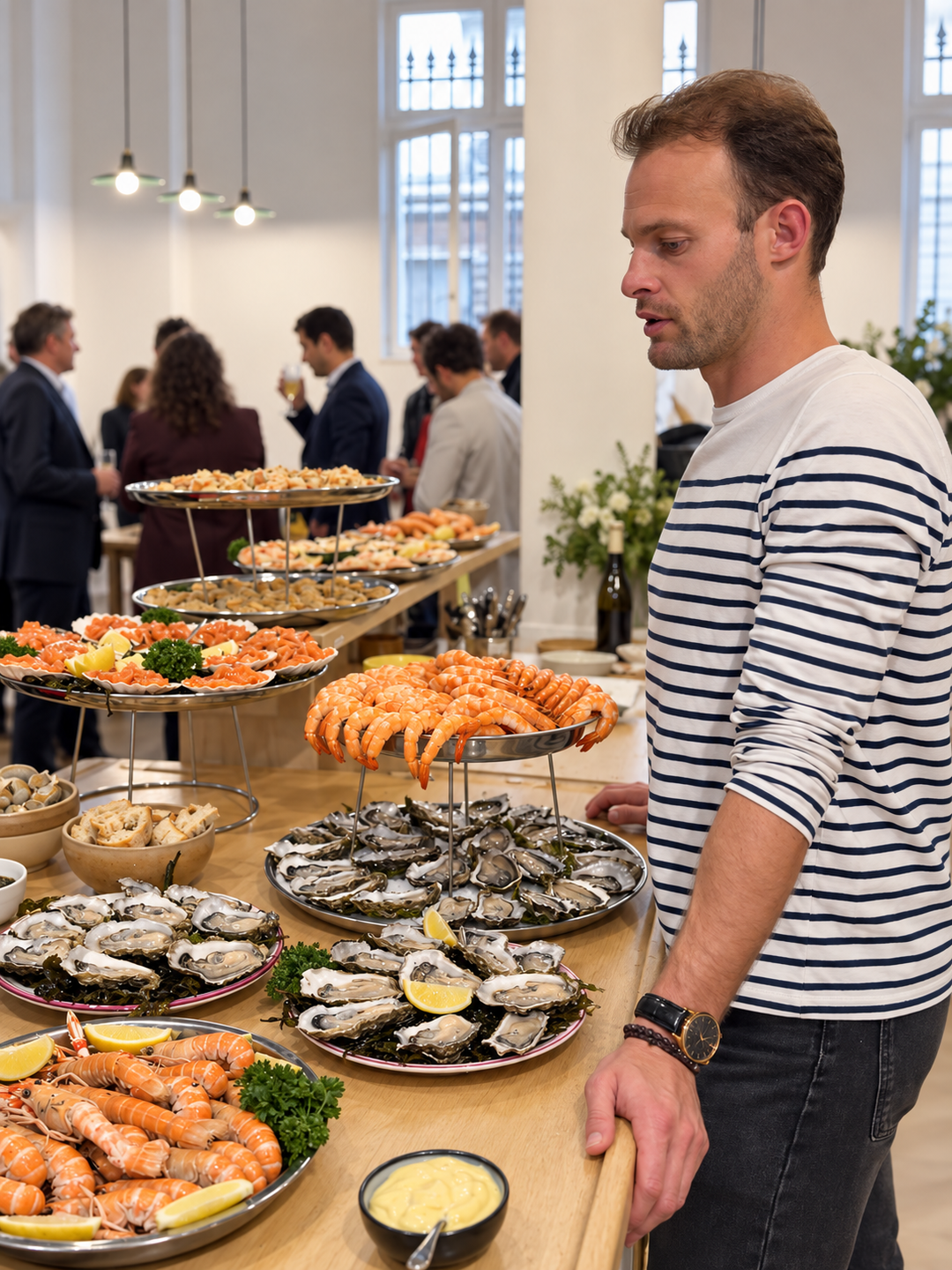 Prestation d’écailler Loup de Mer lors d’une réception avec buffet de fruits de mer