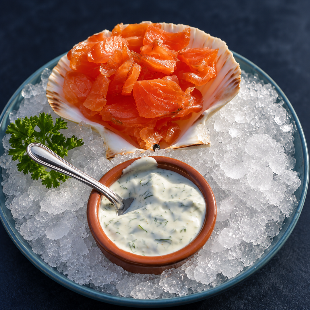 Saumon gravlax maison et sauce à l’aneth sur glace